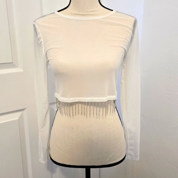 ⭐Crop Top, Size M/Medium,Front Bottom Dangly Rhinestones, Mesh-Like, Long Sleeve - Picture 1 of 16